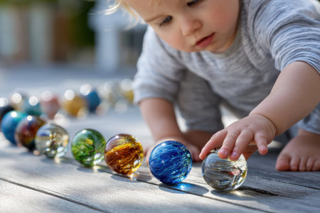 Young child curiously touches vibrant marbles neatly arranged on the wooden surface outside in daylight.の写真素材