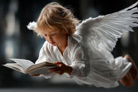 A young child with delicate angel wings reads a book while floating peacefully in a calm environment.の写真素材