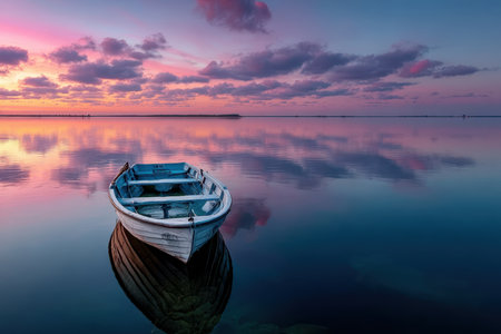A lone boat on a serene lake at dawn, evoking a sense of peace and solitudeの写真素材