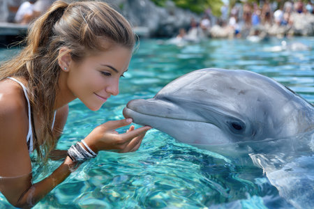 A girl smiles and reaches out to touch a dolphin in sparkling water at a marine facility on a sunny day.の写真素材