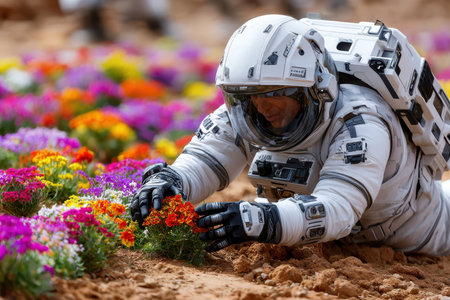 An astronaut in a space suit carefully cultivates vibrant flowers in an alien landscape under a clear sky.の写真素材