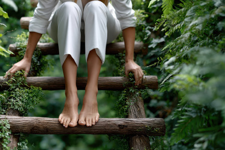Bare feet sit on a weathered wooden ladder, surrounded by vibrant green foliage, evoking a peaceful atmosphere.の写真素材