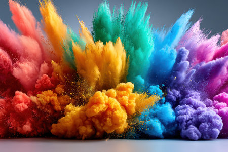 A colorful explosion of powdered paint, in a white studio, shot with a high-speed camera, creating a dynamic burst of energyの写真素材