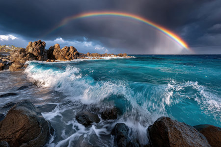 Turquoise ocean waves crash against a rocky coastline under a rainbowの写真素材