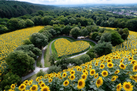 Aerial view of a heart-shaped sunflower field in a scenic landscapeの写真素材