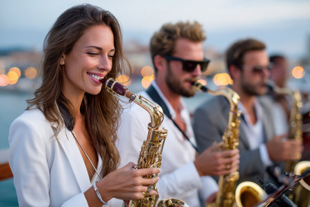 A group of musicians playing saxophones at an outdoor evening eventの写真素材