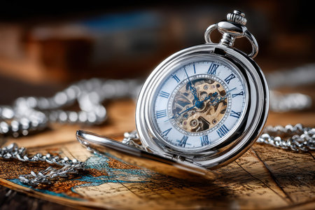 A vintage pocket watch displays its intricate mechanics, set on an old map with rustic charm and a silver chain.の写真素材