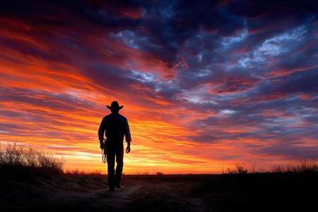 A cowboy walks away on a dusty path at sunsetの写真素材