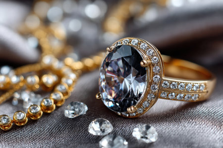 Closeup of a gold ring with a large gemstone and diamond braceletの写真素材