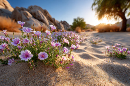 Purple and white wildflowers bloom in the sand near rocks at sunrise in a desertの写真素材