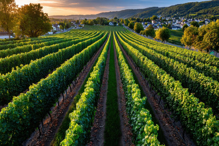 Lush green vineyard rows stretch across a hillside at sunset, with a village in the backgroundの写真素材