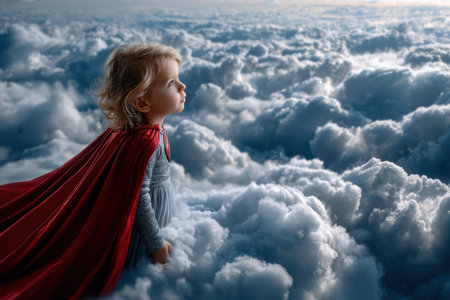 A young child wearing a red cape stands among fluffy clouds, looking upwards with wonder in a magical atmosphere.の写真素材