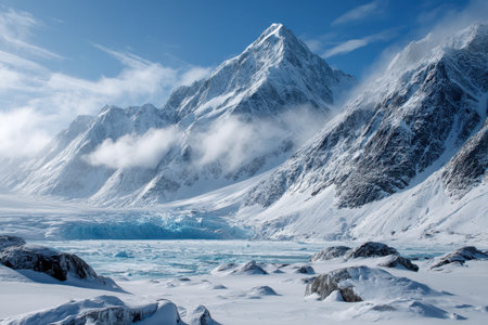 Snow-covered mountains tower over a frozen glacier, with clouds drifting above on a clear day.の写真素材