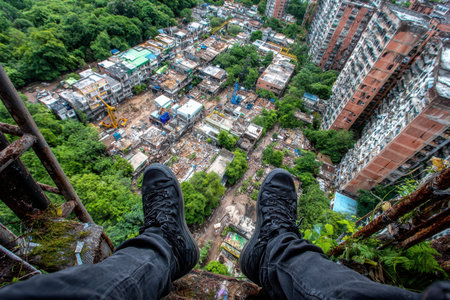 A person sits on a ledge, overlooking a dense green area filled with abandoned buildings and construction sites below.の写真素材