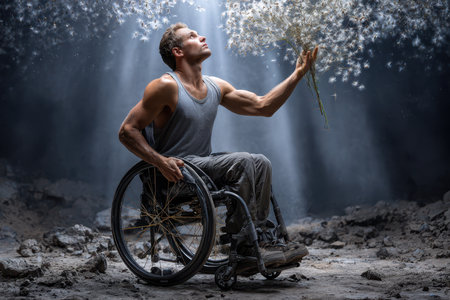 A man in a wheelchair reaches for floating dandelion seeds in a captivating, ethereal atmosphere filled with light.の写真素材