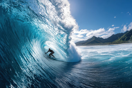 A skilled surfer glides through a massive wave in clear blue water with lush mountains in the background.の写真素材