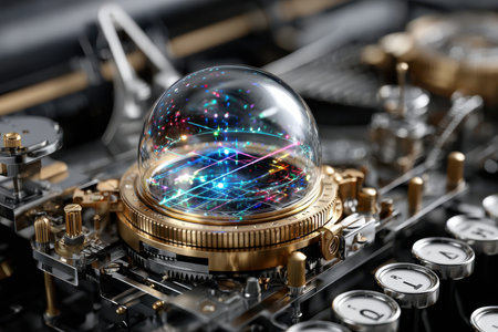 Vintage mechanical components are showcased, featuring a dazzling crystal orb reflecting vibrant colors.の写真素材