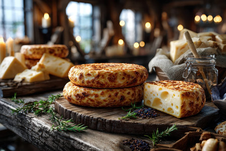 Wheels of cheese displayed with herbs and spices on a rustic wooden tableの写真素材