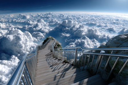 An impressive staircase winds down towards a sea of clouds, creating a surreal atmosphere high above.の写真素材