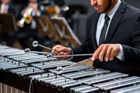 A skilled musician plays the marimba, passionately creating melodies for an audience in a large auditorium.の写真素材