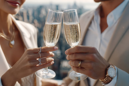 Couple celebrating a special moment while toasting with champagne glasses against a stunning skyline backdrop.の写真素材