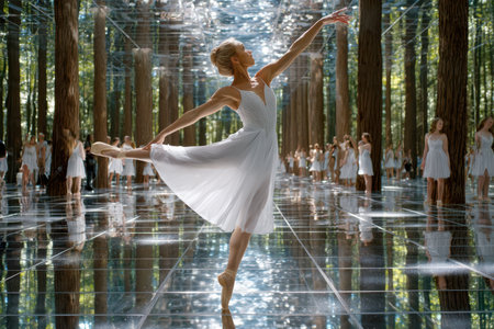A ballet dancer elegantly performs in a forest with mirrored surfaces reflecting trees and sunlight.の写真素材