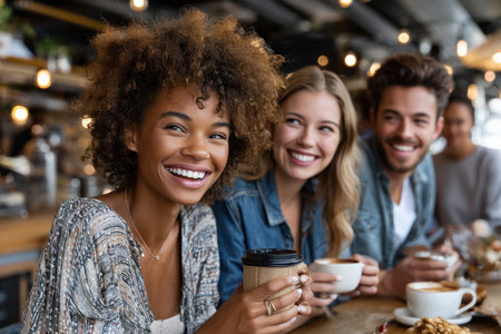 Friends smile and share laughter while sipping coffee and enjoying pastries in a trendy cafe setting.の写真素材