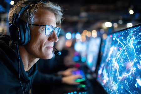 A dynamic shot of a professional esports player in action, showing concentration and determination, under neon lighting, using a fisheye lens on a mirrorless camera, where the player is a senior citizen, ultrarealistic photo --ar 3:2 --raw --profile nk3i4wf --stylize 250 --v 7 Job ID: 29f5f665-36d9-4246-866f-6e2fde0d628dの写真素材
