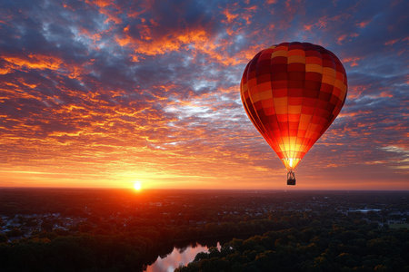 Hot air balloon floats over a town at sunsetの写真素材