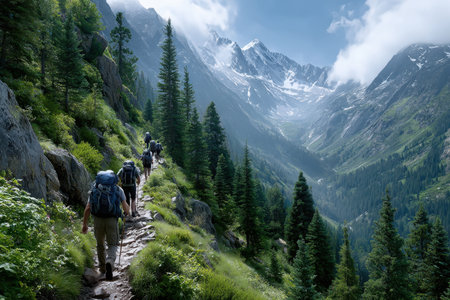 Group of hikers trek through a vibrant valley, surrounded by towering mountains and greenery on a clear day.の写真素材