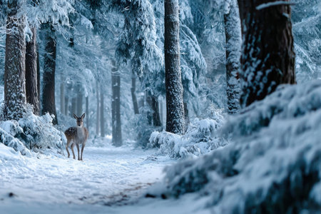 A deer stands on a snowy path in a winter forestの写真素材