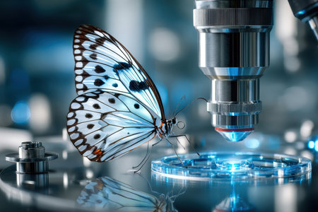 A butterfly sits on a microscope slide under a lensの写真素材