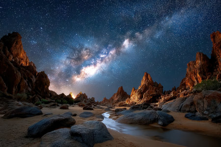 A stream flows through a desert canyon under a starry night skyの写真素材