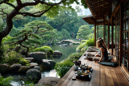 Two people enjoy tea and a meal overlooking a serene Japanese garden pondの写真素材