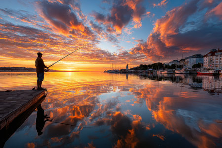 A fisherman stands on a pier at sunset, casting a line into the calm harbor waterの写真素材