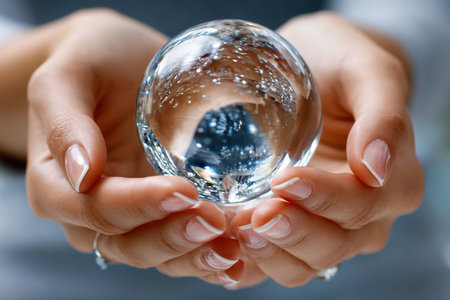 A person holds a crystal ball, reflecting light and creating a mystical atmosphere at a calm indoor gathering.の写真素材
