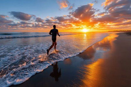A man jogging on a beach at sunrise, under warm, golden light, with a sudden leap over a wave, ultrarealistic photoの写真素材