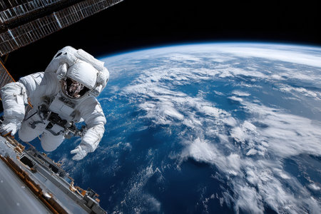 An astronaut performs a spacewalk high above the Earthの写真素材