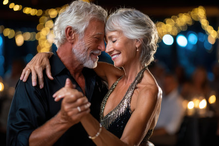 An elderly couple dances closely together at a festive evening eventの写真素材