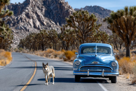 A vintage car encounters a coyote on a desert roadの写真素材