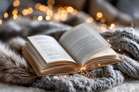 An open book rests on a cozy blanket with soft lightingの写真素材