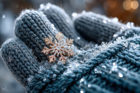 Closeup of a golden snowflake in winter glovesの写真素材