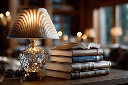A crystal lamp illuminates a stack of books on a wooden table in a cozy roomの写真素材