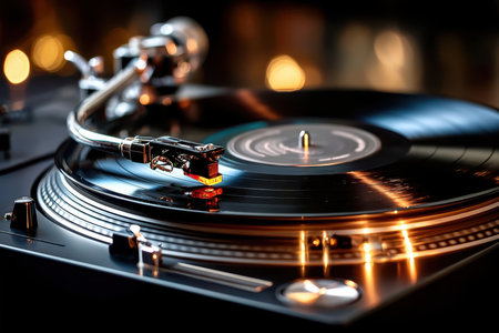 A close-up of a vinyl record spinning on a turntable, under a single source of warm light, shot with a macro lens, celebrating the nostalgia of analogue musicの写真素材