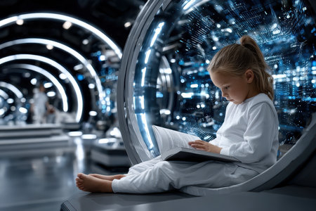 Young child, dressed in white, reads intently in a sleek, illuminated space setting surrounded by technology.の写真素材