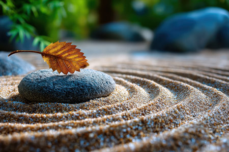 A tranquil shot of a zen garden with perfectly raked sand, embodying harmony and mindfulness, under soft, diffused sunlight, using a macro lens on a DSLR, where a single leaf has fallen on the sandの写真素材