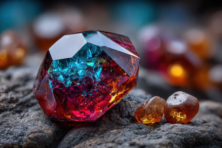 A large faceted gemstone rests on a dark rock alongside two smaller raw stonesの写真素材