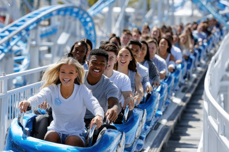 Groups of friends share joyful moments on a roller coaster, celebrating a fun day at the amusement park.の素材