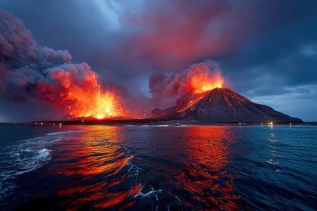 Two volcanoes erupt on a small island at twilight, reflecting in the oceanの写真素材