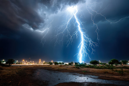 Lightning strikes over an area at night, illuminating the sky and wet groundの写真素材